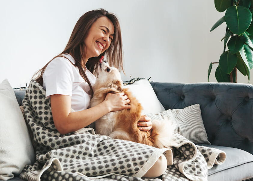 calm dog mom walking with her dog